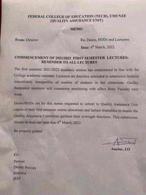 FCE Umunze announces date for commencement of lectures