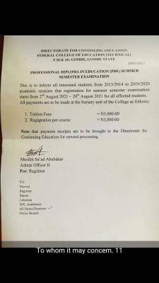 FCE, Gombe notice on PDE summer examination