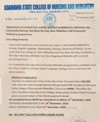 Adamawa State College of Nursing and Midwifery application form for 2020/2021 session