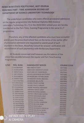 Akwa Poly notice to admitted SLT students (ND) on change of programme mode
