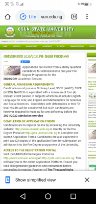 UNIOSUN Pre-degree admission form for 2020/2021 session