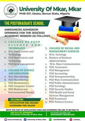 University of Mkar Postgraduate admission, 2021/2022