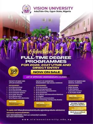 Vision University Post-UTME/DE 2026: Cut-off mark, Eligibility and Registration Details