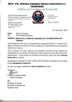 Rev Fr. Moses Orshio Adasu University bans signing out celebration on campus
