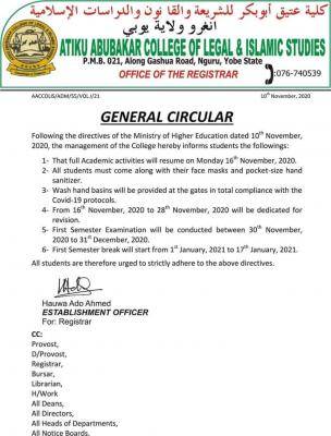Atiku Abubakar College of Islamic and Legal studies resumption notice