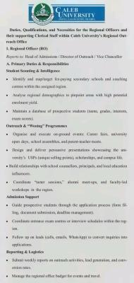Caleb University advertises Regional Offices, Clerical Staff Vacant Positions