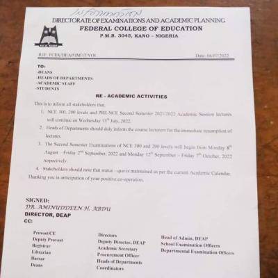 FCE Kano notice on resumption of academic activities