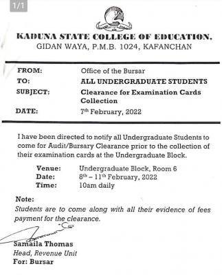 Kaduna COE notice on clearance for examination card collection