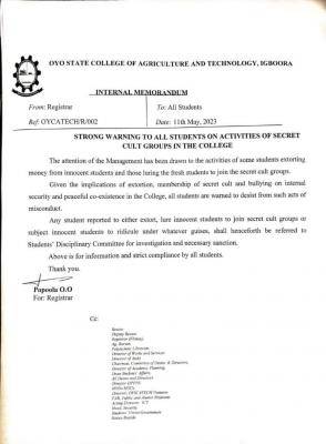 OYSCATECH notice to all students on the activities of secret cult groups in the College
