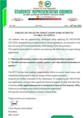 SAZU notice to students unable to apply for NELFUND 2025/2026