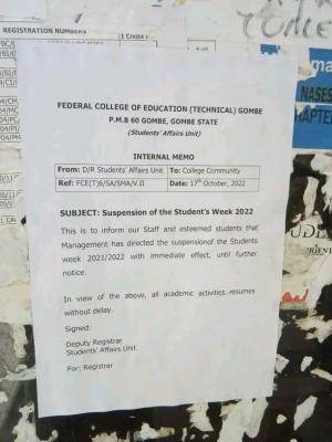 FCE (Tech) Gombe notice on suspension of student's week