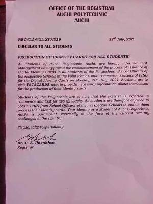 Auchi Poly notice on production of I.D card