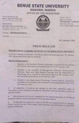 Benue State University notice on resumption of academic activities
