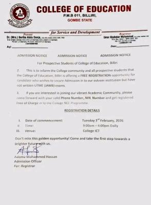 College of Education, Billiri announces free admission registration for prospective students