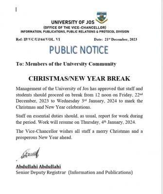 UNIJOS notice of Christmas and new year break
