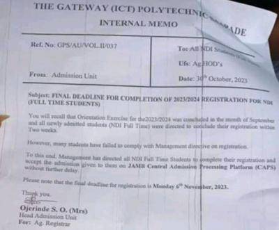 Gateway ICT Poly final deadline for completion of registration for NDI students, 2023/2024