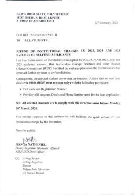 AKWAPOLY notice on refund of institutional charges to 2023, 2024 and 2025 batches of NELFUND applicants