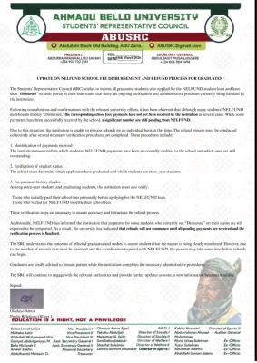 ABU SRC update on NELFUND disbursement and refund process