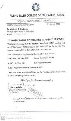 Aminu Saleh COE notice on Commencement of 2020/2021 Session