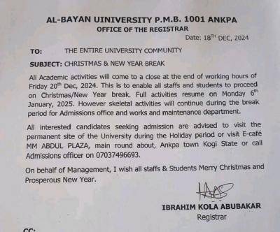 Al-Bayan University, Ankpa notice of Christmas and New Year break