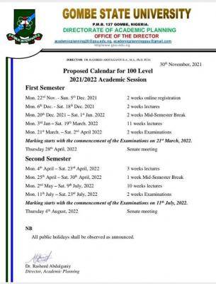 GOMSU academic calendar for 2021/2022 Session