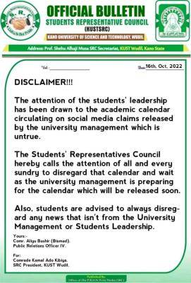 KUST Wudil SCR disclaimer notice on purported academic calendar
