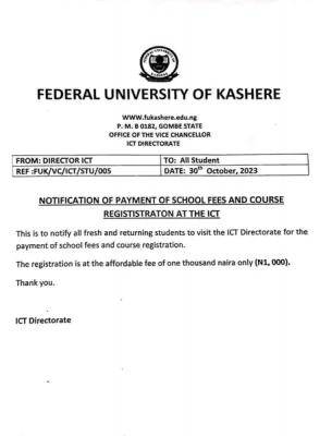 FUKASHERE notice to students on payment of school fees and course registration at the ICT