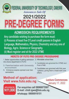 FUTO Pre-Degree admission form for 2021/2022 session