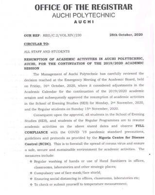 Auchi polytechnic resumption notice to students