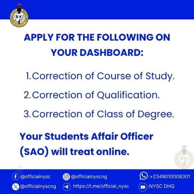 NYSC update to prospective corps members on correction of credentials