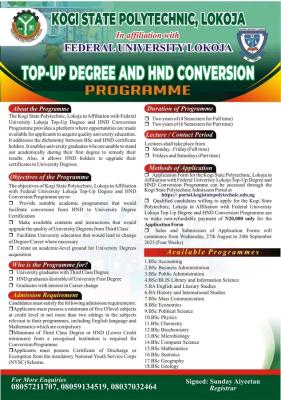 Kogi State Poly 2025 Top-Up Degree/HND Conversion Programme Admission form
