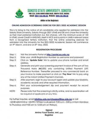 Sokoto State University online admission screening exercise, 2021/2022