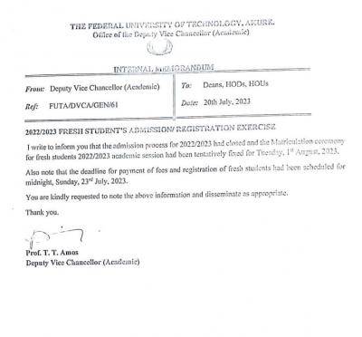 FUTA notice on fresh students admission/registration exercise, 2022/2023
