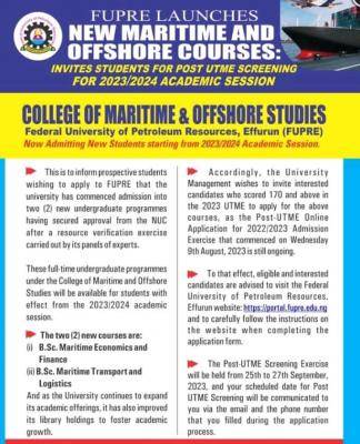 FUPRE College of Maritime & Offshore Studies undergraduate admission form, 2023/2024