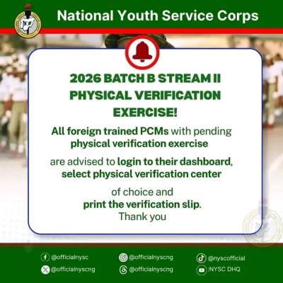 NYSC notice on physical verification of Foreign-trained Graduates, 2026 Batch B Stream II
