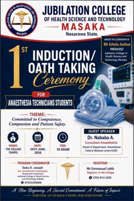 Jubilation College of Health Tech. Masaka announces 1st Induction/Oath-Taking Ceremony