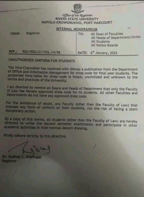 RSUST notice on unauthorized uniform for students