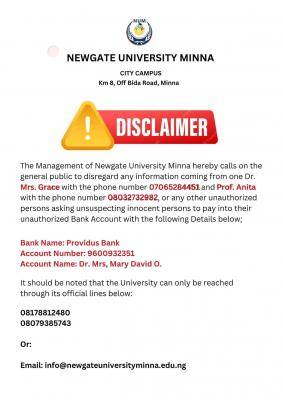 Newgate University, Minna disclaimer notice to the general public