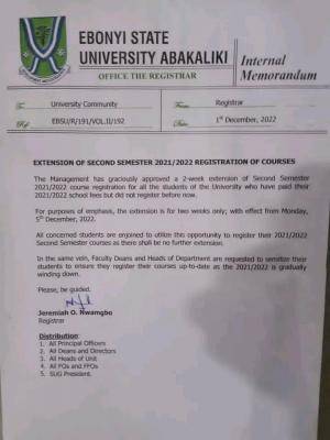 EBSU notice on extension of second semester course registration, 2021/2022