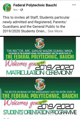Fed Poly Bauchi announces orientation and matriculation ceremony for 2019/2020 session
