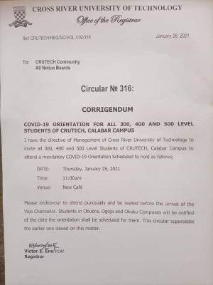 CRUTECH notice to 300 , 400 and 500 level students on COVID-19 orientation