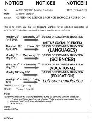 FCE Kano screening exercise for newly admitted NCE students, 2020/2021 ...