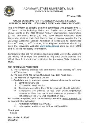 ADSU Post-UTME/DE 2026: Cut-off mark, Eligibility and Registration Details