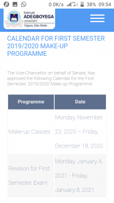 SAU academic calendar for Make-Up Programme 2019/2020 session
