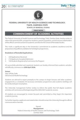 Federal University of Health Sciences and Technology, Tsafe Remedial Studies resumption notice