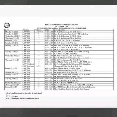 UDUS second semester examination timetable, 2022/2023 session