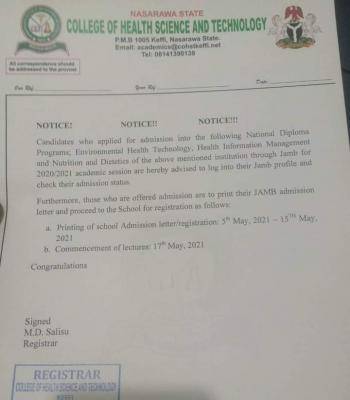 Nasarawa State College of Health Sciences and Technology notice to prospective students