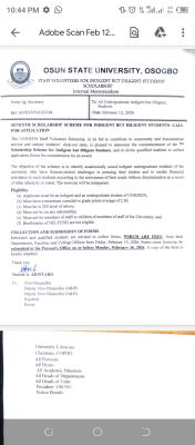 UNIOSUN announces 7th Scholarship Scheme for Indigents but Diligent Students