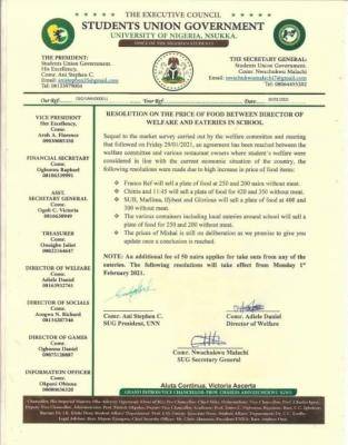 UNN SUG notice on outcome of meeting with restaurant owners in the campus