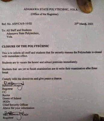 Adamawa state polytechnic announces closure due security reasons